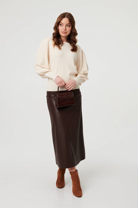 Beige Chevron Texture Balloon Sleeve Jumper - Image 4