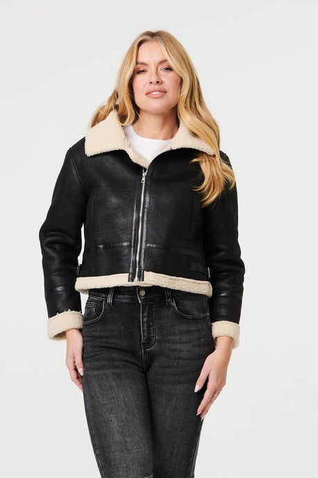 Black Faux Suede Teddy-Lined Cropped Jacket - Image 1