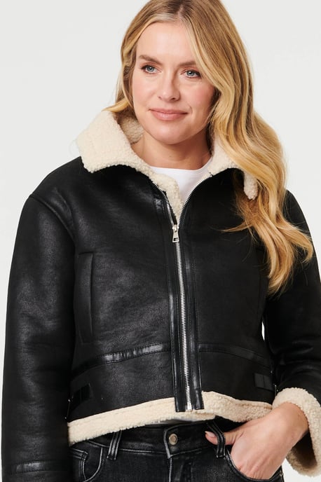 Black Faux Suede Teddy-Lined Cropped Jacket - Image 2