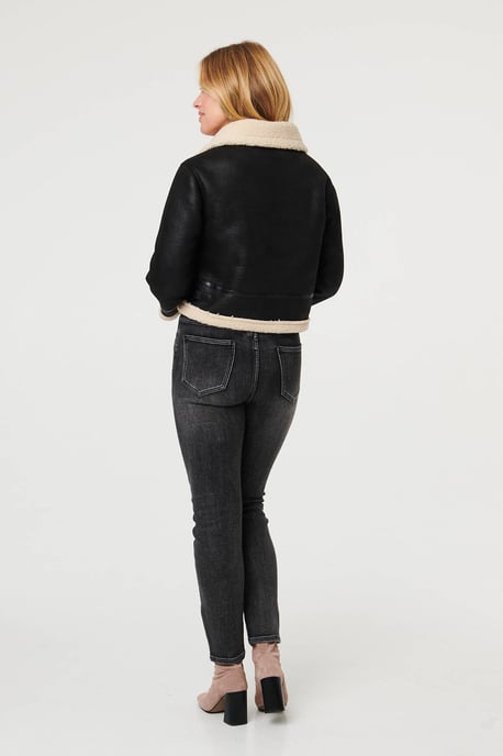 Black Faux Suede Teddy-Lined Cropped Jacket - Image 3