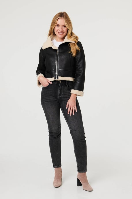 Black Faux Suede Teddy-Lined Cropped Jacket - Image 4