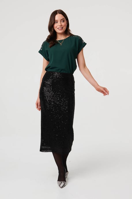 Black Sequin Embellished Pencil Midi Skirt - Image 1