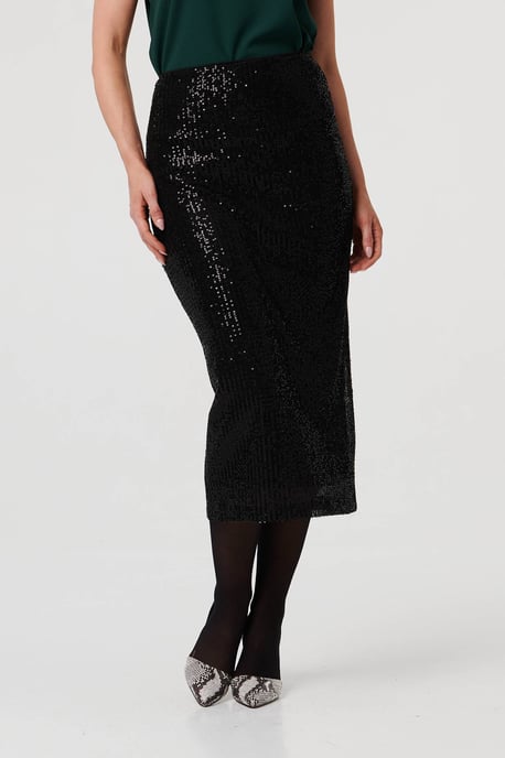 Black Sequin Embellished Pencil Midi Skirt - Image 2