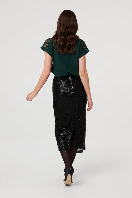 Black Sequin Embellished Pencil Midi Skirt - Image 3