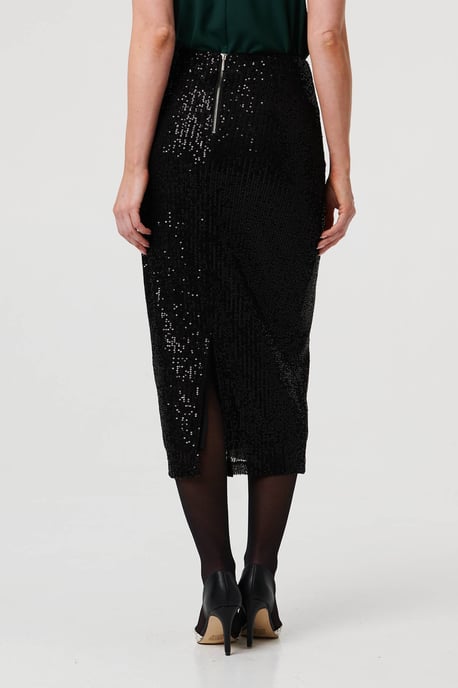 Black Sequin Embellished Pencil Midi Skirt - Image 5