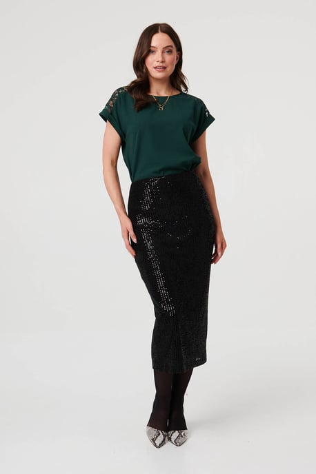 Black Sequin Embellished Pencil Midi Skirt - Image 6