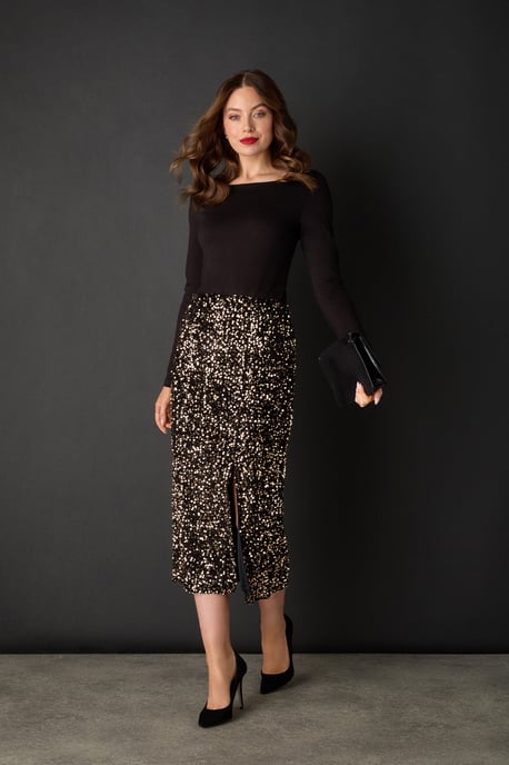 Black Sequin Embellished High Waist Midi Skirt - Image 1