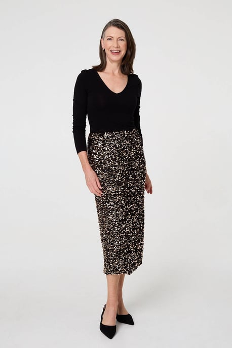 Black Sequin Embellished High Waist Midi Skirt - Image 2