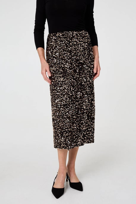 Black Sequin Embellished High Waist Midi Skirt - Image 3