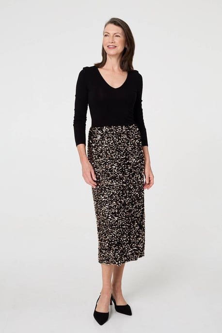 Black Sequin Embellished High Waist Midi Skirt - Image 4