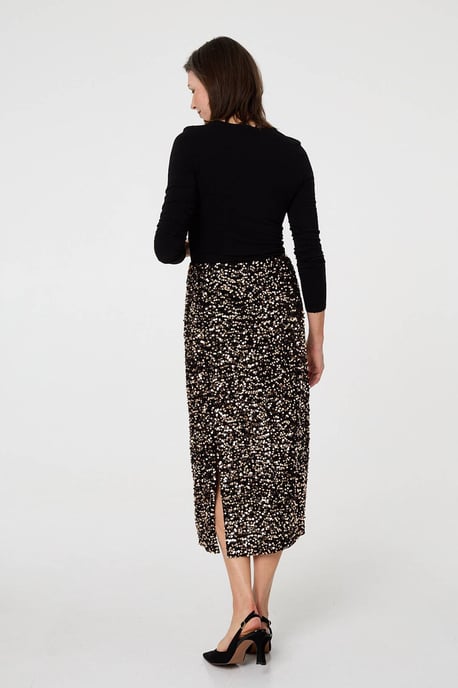 Black Sequin Embellished High Waist Midi Skirt - Image 5