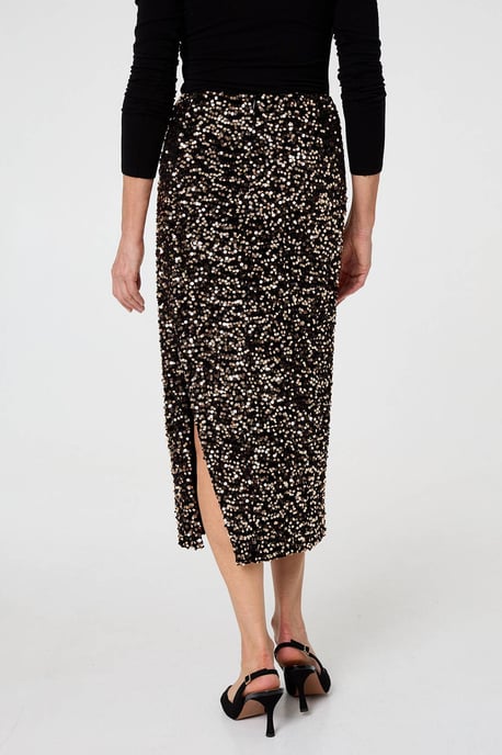 Black Sequin Embellished High Waist Midi Skirt - Image 6