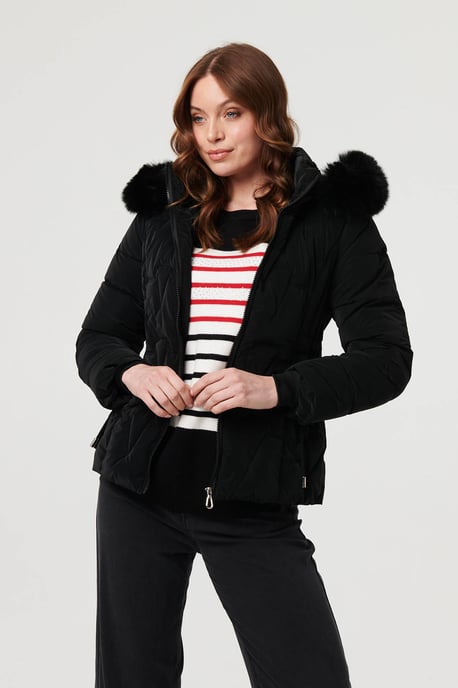 Green Faux Fur Trim Hooded Zip-Up Jacket - Image 1