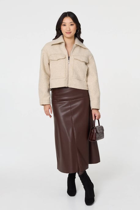Brown Collared Pocket Front Cropped Jacket - Image 4