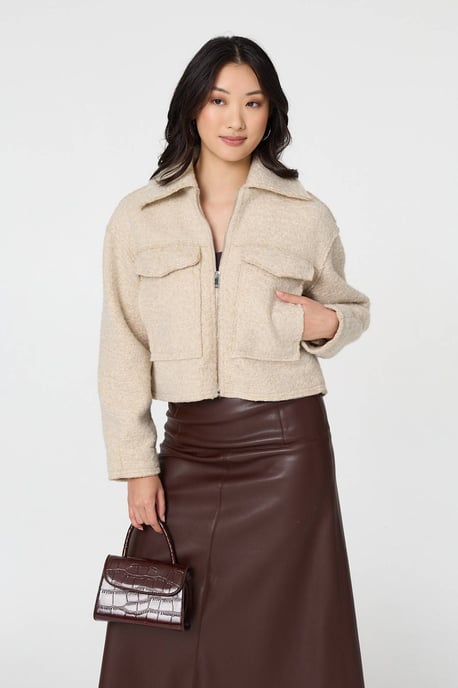 Brown Collared Pocket Front Cropped Jacket - Image 5
