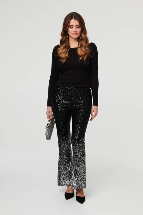 Black Sparkly Sequin High Waist Flare Trousers - Image 1