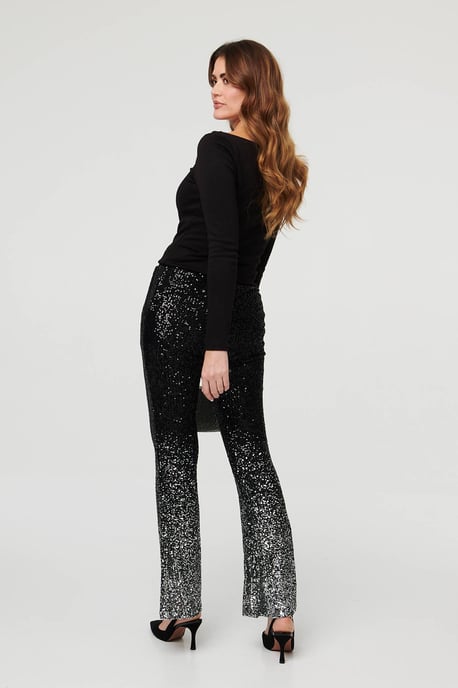 Black Sparkly Sequin High Waist Flare Trousers - Image 3