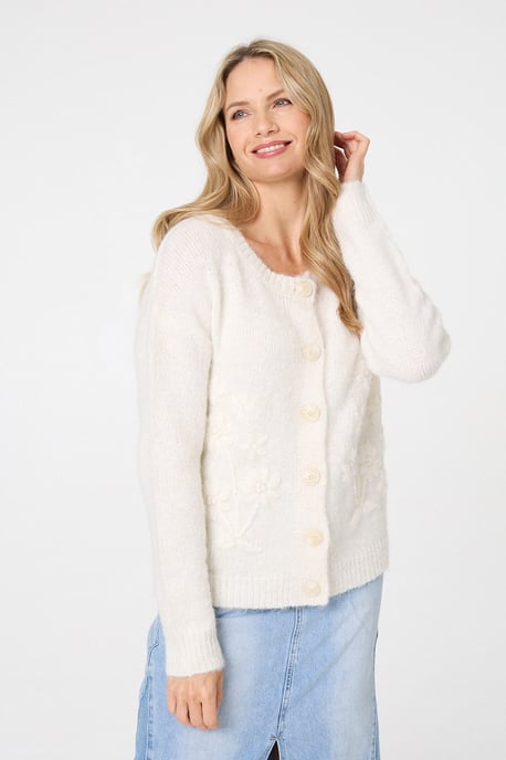 White Floral Embroidered Textured Cardigan - Image 1