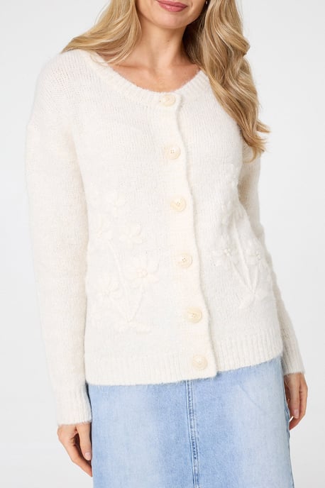 White Floral Embroidered Textured Cardigan - Image 2