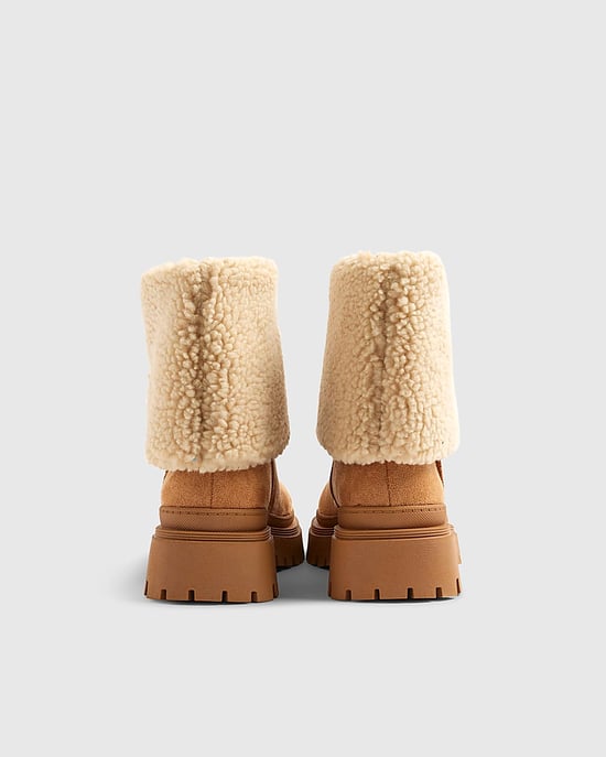 River Island Womens Ankle Boots Brown Faux Suede Borg Cuff - Image 3