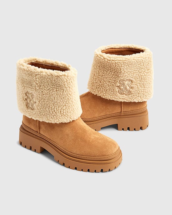 River Island Womens Ankle Boots Brown Faux Suede Borg Cuff - Image 4