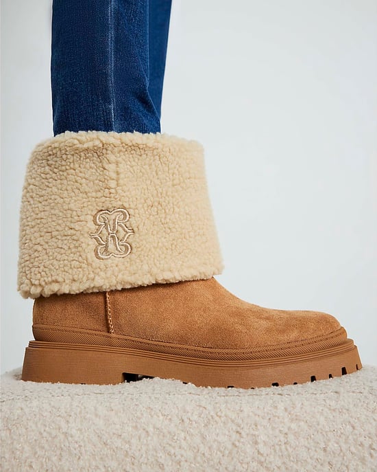 River Island Womens Ankle Boots Brown Faux Suede Borg Cuff - Image 5