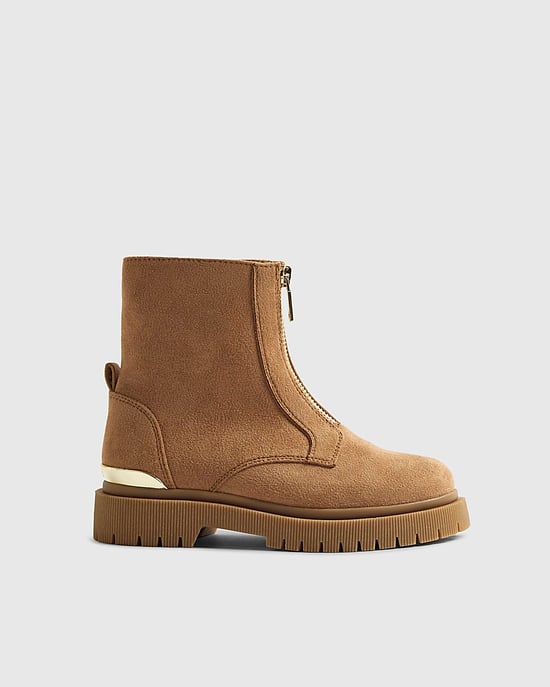 River Island Girls Boots Brown Faux Suede Zip Front - Image 2