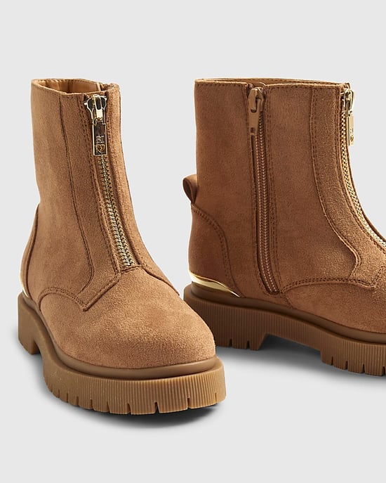 River Island Girls Boots Brown Faux Suede Zip Front - Image 4