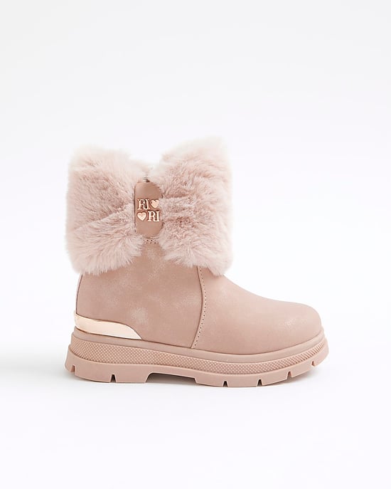 River Island Mini Girls Boots Pink Heart Bow Fur - Image 2
