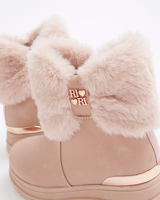 River Island Mini Girls Boots Pink Heart Bow Fur - Image 5