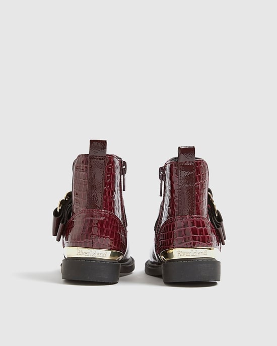 River Island Mini Girls Chelsea Boots Red Patent Heart Bow - Image 3