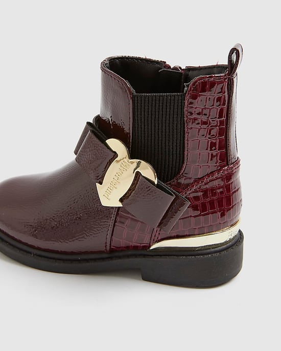 River Island Mini Girls Chelsea Boots Red Patent Heart Bow - Image 4