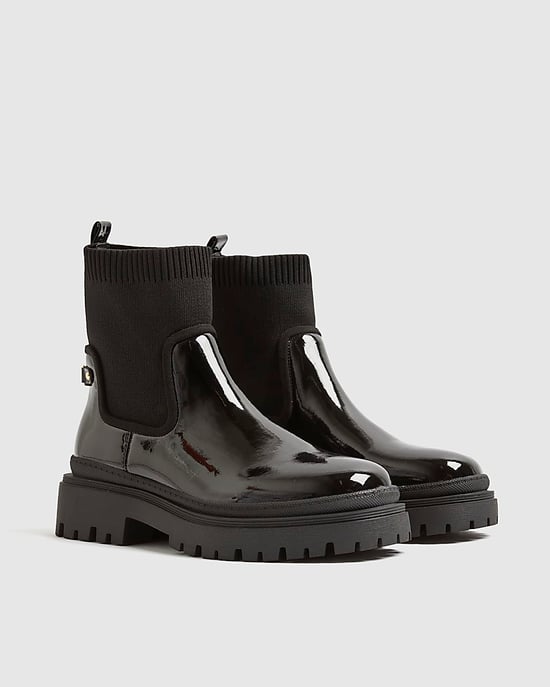 River Island Womens Chelsea Boots Black Patent Chunky Knit - Image 1