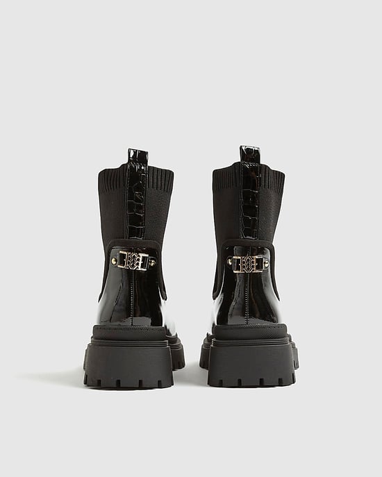 River Island Womens Chelsea Boots Black Patent Chunky Knit - Image 3
