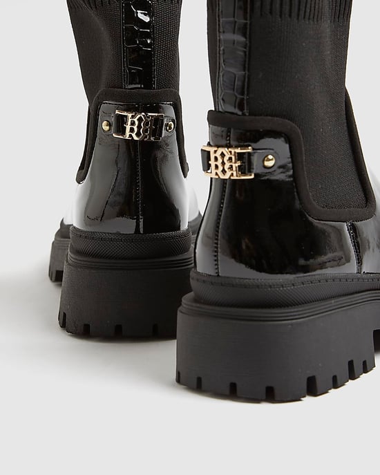 River Island Womens Chelsea Boots Black Patent Chunky Knit - Image 4
