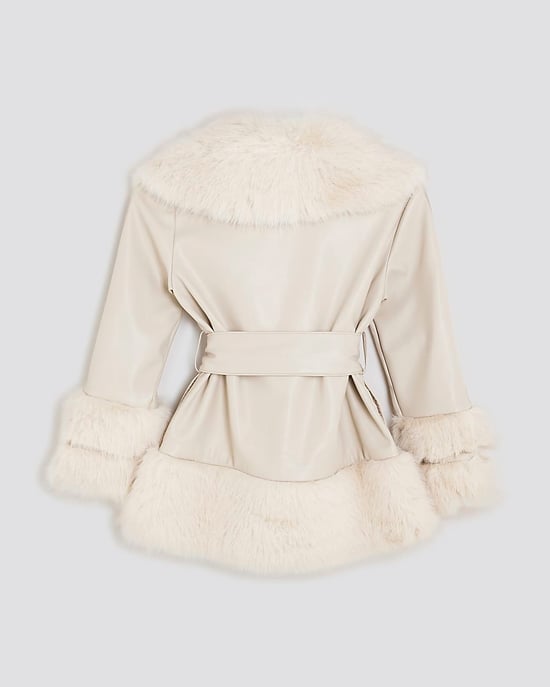 River Island Girls Wrap Coat Cream Faux Fur - Image 2