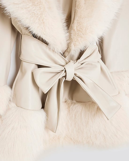 River Island Girls Wrap Coat Cream Faux Fur - Image 3