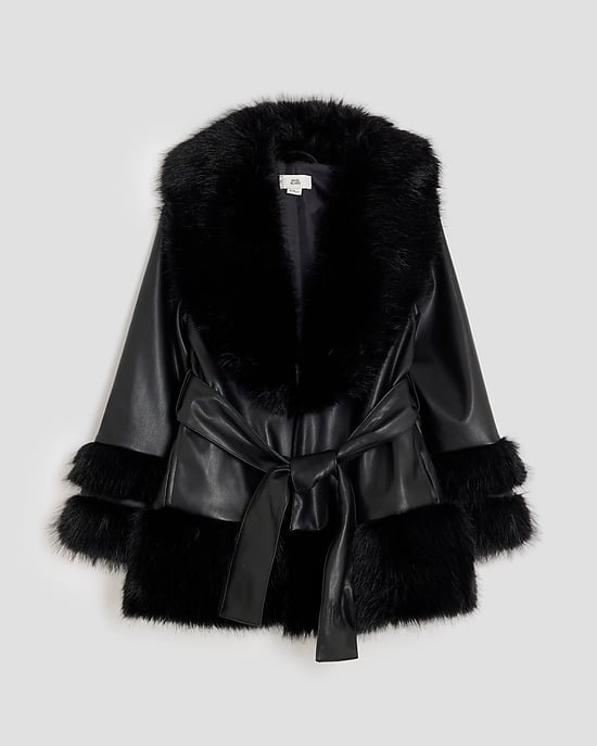 River Island Girls Wrap Coat Black Faux Fur Coats - Image 1