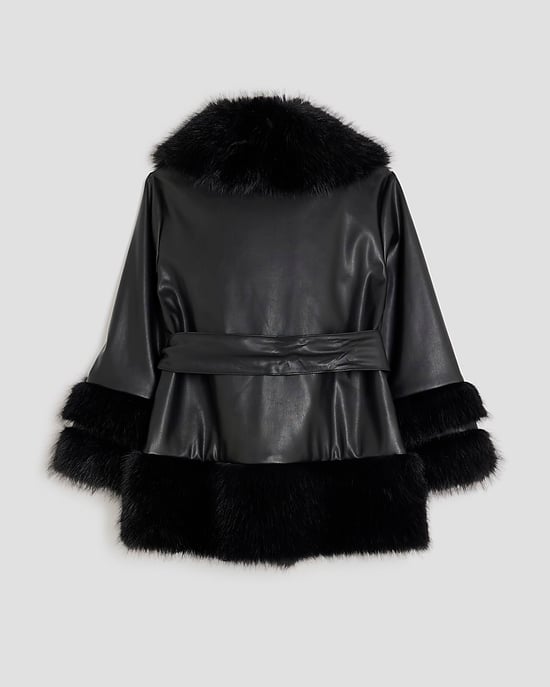 River Island Girls Wrap Coat Black Faux Fur Coats - Image 2