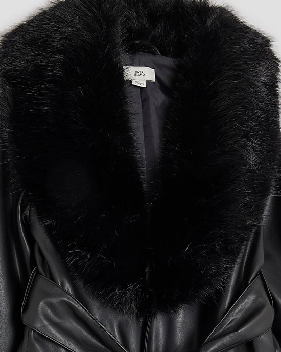 River Island Girls Wrap Coat Black Faux Fur Coats - Image 3