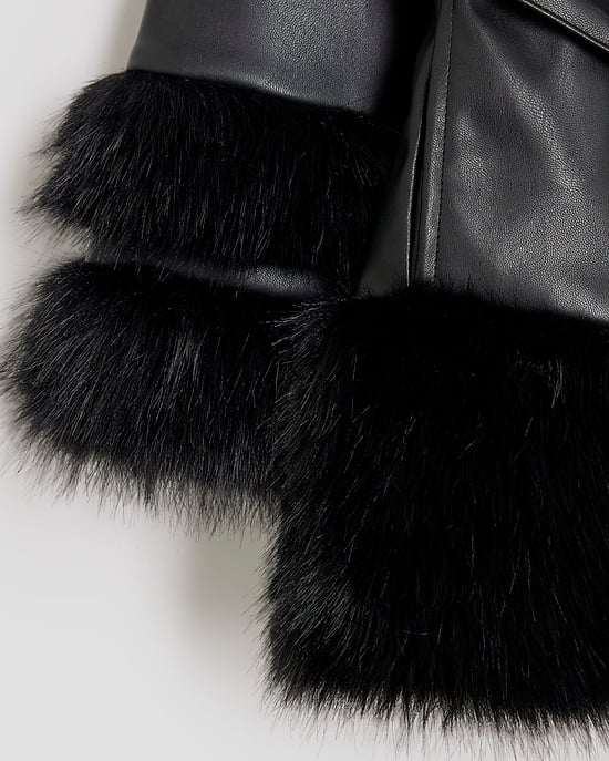 River Island Girls Wrap Coat Black Faux Fur Coats - Image 4