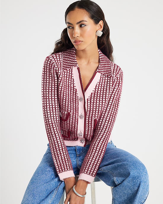 River Island Womens Cardigan Pink Boucle Check Print Collared - Image 1