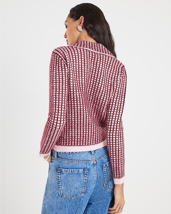 River Island Womens Cardigan Pink Boucle Check Print Collared - Image 3