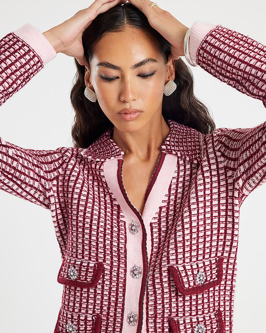 River Island Womens Cardigan Pink Boucle Check Print Collared - Image 4