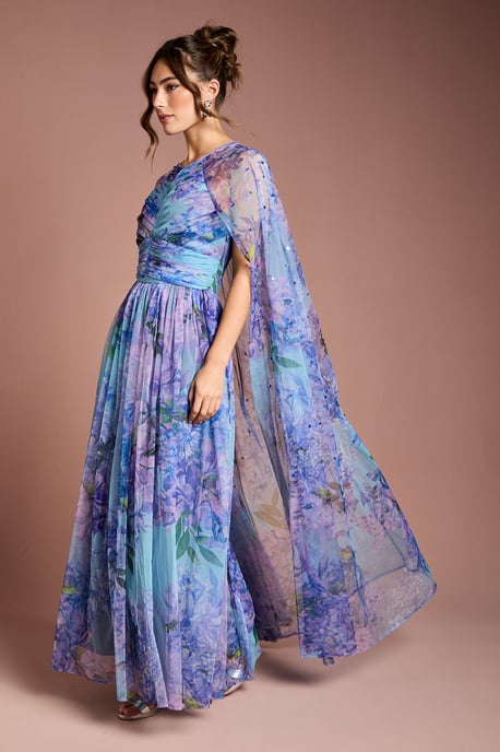 Pleated Mesh Printed Cape Maxi dress With Gemstone - Image 1