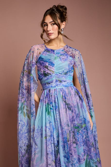 Pleated Mesh Printed Cape Maxi dress With Gemstone - Image 2