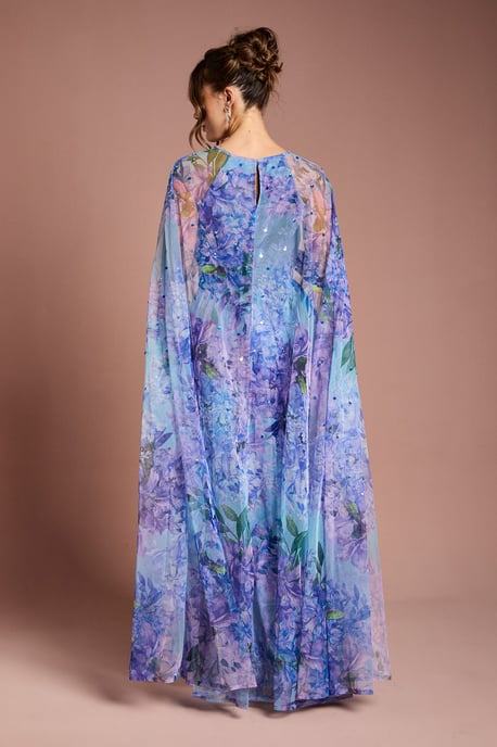 Pleated Mesh Printed Cape Maxi dress With Gemstone - Image 3