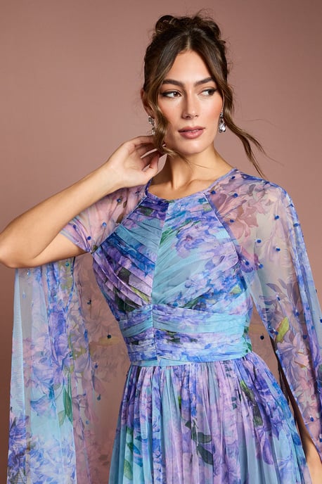 Pleated Mesh Printed Cape Maxi dress With Gemstone - Image 4