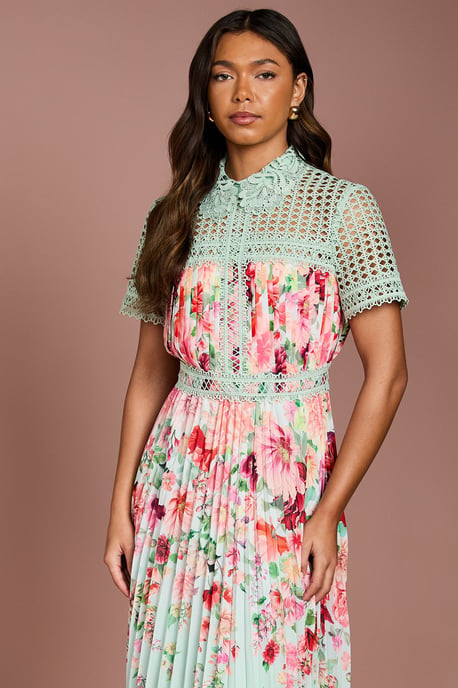 Lisa Tan Lace Pleated Printed Midi Dress - Image 2