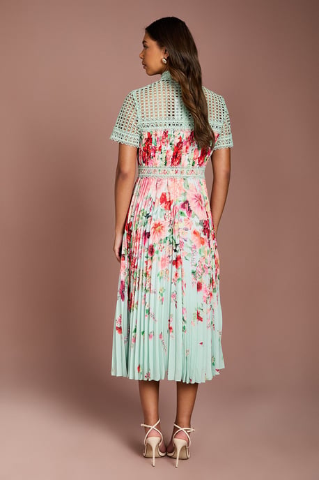Lisa Tan Lace Pleated Printed Midi Dress - Image 3